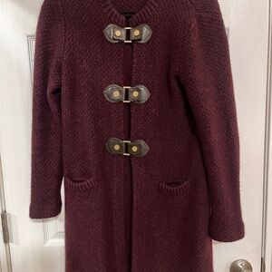 Tory Burch Burgundy/Plum Long Cardigan Sweater Belt Button Closure